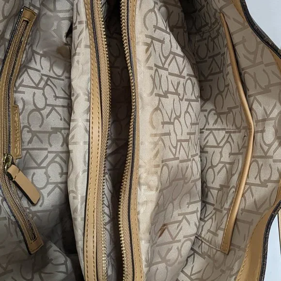 Calvin Klein Signature Tote Shoulder Bag Brown CK Monogram Print Brown Leather